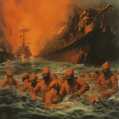 《深海伏擊：橙衣馬拉塔戰士候命巨英艦底，復古水下繪畫勾勒出的震撼場面》