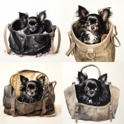 “黑色長毛吉娃娃犬坐在手提包里，小爪伸出來，清晰細膩的白色背景中的水彩畫”