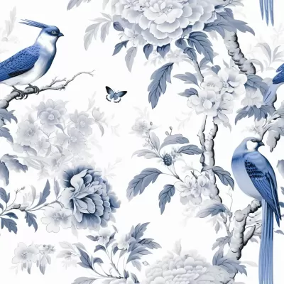 白底藍鳥紋，細致Toile de Jouy插圖