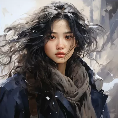 《醫院出院的少女，長發飄雪間，穿著藍白條紋衣，中國古風2.5D漫畫，別樣迷人》