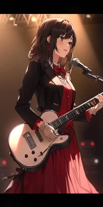 早期2000年代歐洲搖滾女孩，穿著正式服裝，在舞臺上彈奏吉他，棕色頭發，棕色眼睛，全身特寫，電影攝影。