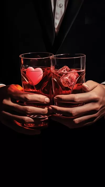 情人節海報/男人的手/兩只手拿著雞尾酒干杯/黑色背景/組合如此。