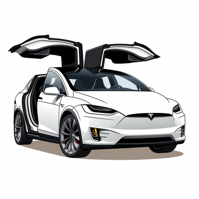 卡通特斯拉Model X矢量圖，車門敞開，簡潔矢量，剪貼畫，2D矢量資產(chǎn)，簡約矢量，粗線輪廓，白色背景。