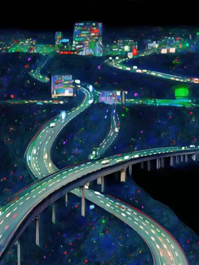 夜晚高速公路，鳥瞰視角，車燈熠熠生輝