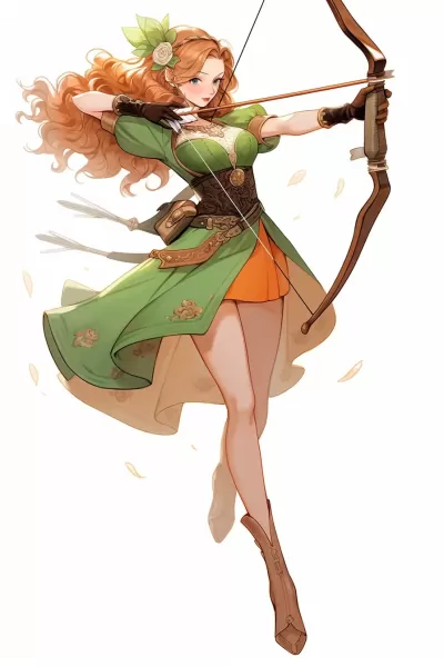 羅賓胡德風(fēng)格的女弓手，全身形象，白色背景，阿爾貝托·瓦爾加斯。