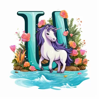 瀑布旁可愛的小獨角獸，色彩簡潔明亮，卡通風格，生動活潑