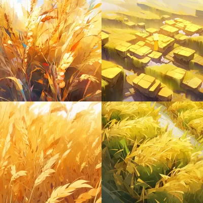 金黃稻谷隨風搖曳，鳥瞰視角，時間合成，立體派，超高清晰。