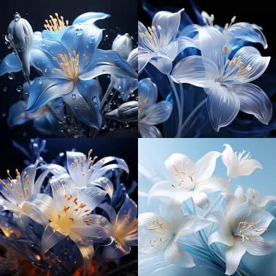 水藍百合花織物，精確超寫實墻紙，輕盈，透明，柔和的光線，極簡主義，淺色調，流動透明，迷人的色彩景觀，現代極簡主義，3D渲染，虛幻引擎5，工業設計，放大拍攝，等軸測視角，Blender，Octane渲染，C4D，16K。