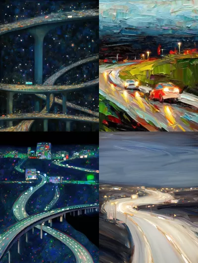 夜晚高速公路，鳥瞰視角，車燈熠熠生輝