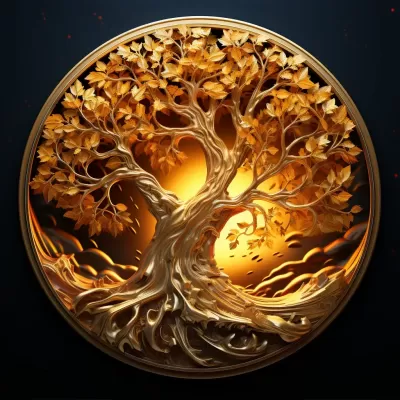 黃金樹紋高浮雕，生命之樹風(fēng)格，仿效所示，提高圖像分辨率和大小，增加像素，4K，銳度AR