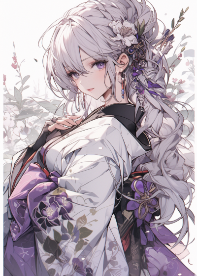 白發紫衣花兒女，黑白風格掠影中。