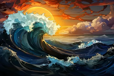 海洋波浪玻璃圖解，艷麗綻放的窗景