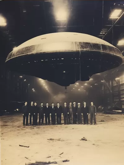 科學家在1947年恢復的UFO前攝于機庫的拍立得照片