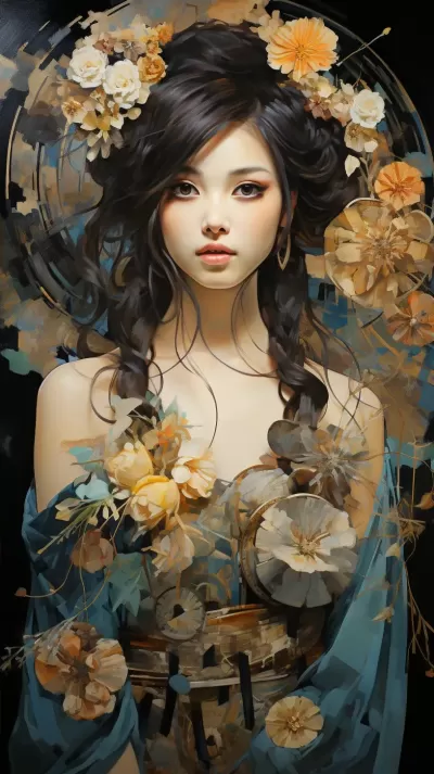 唐代模型，古斯塔夫·克林姆特的風格，紋理油畫和水彩混合，現代，杰作，聚焦，動態背景，詳細，豐富多彩。