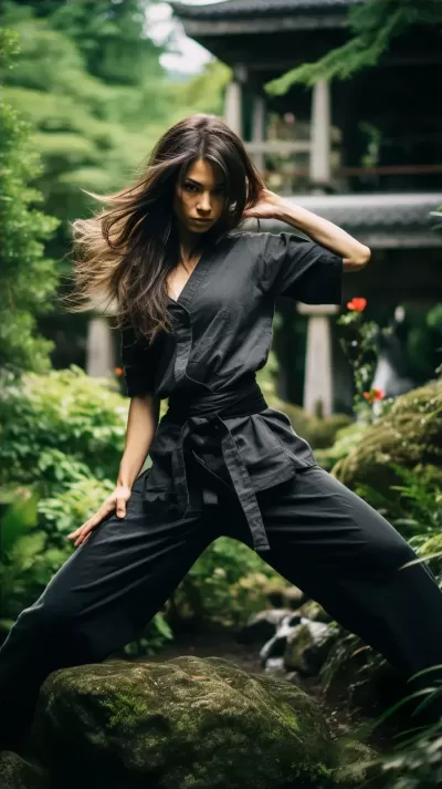 靜謐日本園中，女子優(yōu)雅精準(zhǔn)地練習(xí)武術(shù)：一幅傾心之瞬間