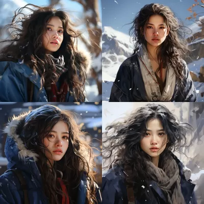 《醫院出院的少女，長發飄雪間，穿著藍白條紋衣，中國古風2.5D漫畫，別樣迷人》