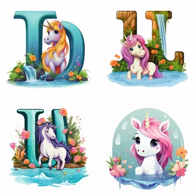 瀑布旁可愛的小獨角獸，色彩簡潔明亮，卡通風格，生動活潑