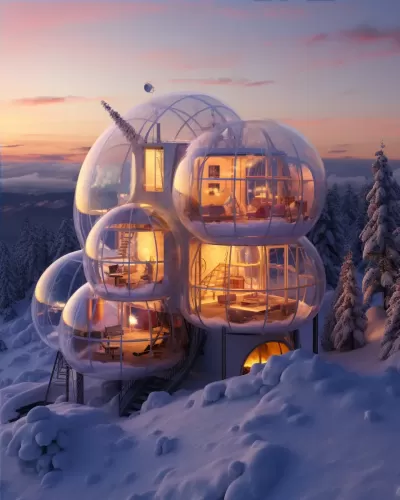 雪地中透明的充氣別墅，與落日相映成趣，令人陶醉的8K美景。