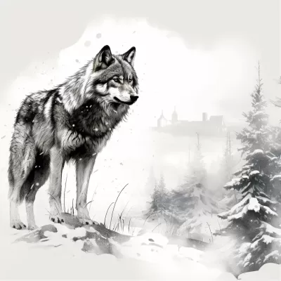 孤狼獨(dú)立于雪地中，融入中國(guó)水墨風(fēng)，拼貼攝影，8K高清。