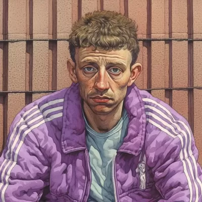 孤獨的俄羅斯貧民窟男子，紫色阿迪達斯運動服，凝視墻上的相機。