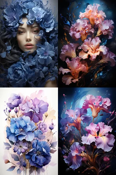 夢幻浪漫，水彩繪畫中的皇家藍鳶尾與紫羅蘭品種小花