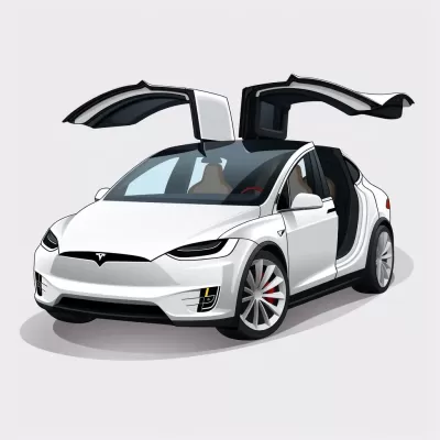 卡通特斯拉Model X矢量圖，車門敞開，簡潔矢量，剪貼畫，2D矢量資產(chǎn)，簡約矢量，粗線輪廓，白色背景。