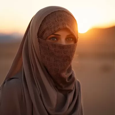 沙漠盡頭，浪漫落日，俄羅斯女孩在面紗下，眼神如煙，美得令人陶醉。