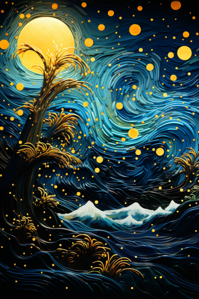 未來科幻海岸景觀，星星旋轉時間流，浪花涌動白沫