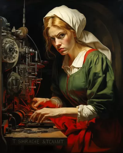 機器圣女工作室中的超詳細綠色與黑白，明亮紅色畫像，藝術家NC Wyeth之作