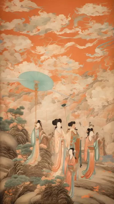 絲綢仙境：飛舞于天空的無數妖精，優雅而典雅，唐代敦煌壁畫之美。