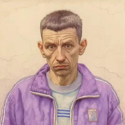 孤獨的俄羅斯貧民窟男子，紫色阿迪達斯運動服，凝視墻上的相機。