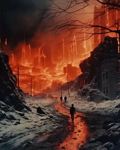 夜晚的冬日雪中，蘇聯失落小鎮街頭涌動著火山熔巖河，催人心動的1960年代復古拼貼。