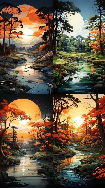 林間樹陰，溪畔蘆葦，風日相伴，水墨水彩，自然風光。