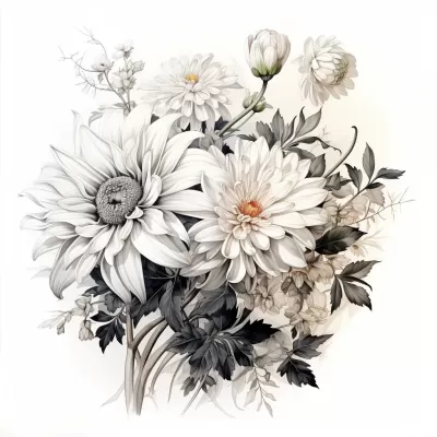 “灰度之美，花藝創作：賞心悅目的雛菊、菊花、牡丹與瓢蟲插畫”