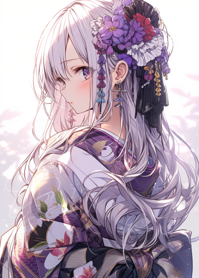 白發紫衣花兒女，黑白風格掠影中。