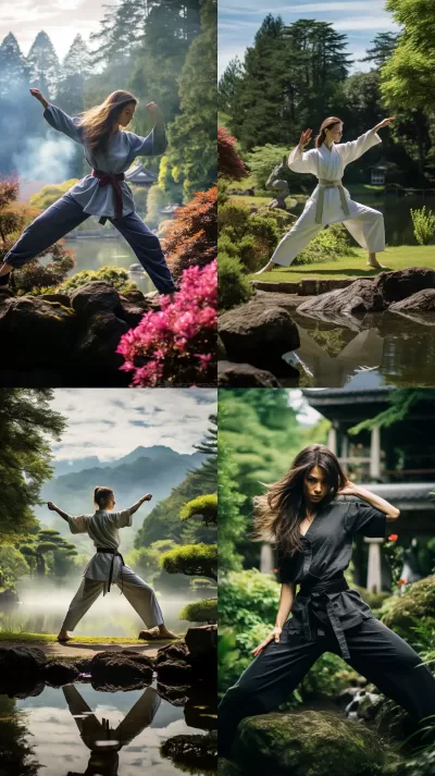 靜謐日本園中，女子優(yōu)雅精準(zhǔn)地練習(xí)武術(shù)：一幅傾心之瞬間