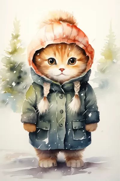 可愛的卡通貓戴著帽子，穿著羽絨服站在優雅的圣誕樹旁邊。