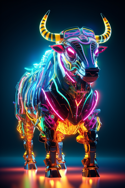 超寫實絢麗電子比特幣，細致呈現霓虹色3D渲染閃耀光芒