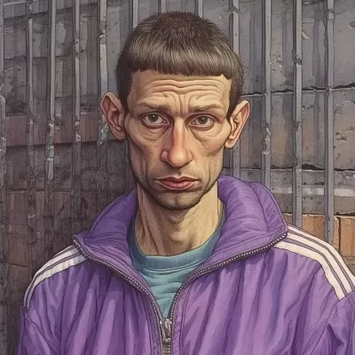 孤獨的俄羅斯貧民窟男子，紫色阿迪達斯運動服，凝視墻上的相機。