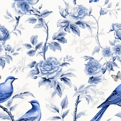 白底藍鳥紋，細致Toile de Jouy插圖