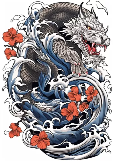 傳統日本刺青紋身設計，全長矢量T恤設計，線條銳利，對比度高，八種顏色，白色背景，8k。