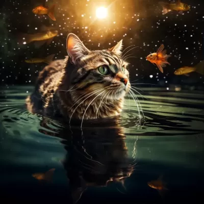 翱翔水中的貓咪，翅膀上的魚兒，星光軌跡攝影，絢麗32K高動態范圍。