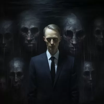 “真正的邪惡與背叛之眼：一位薄弱、瘦削、蒼白的商務男子站在黑暗中，凝視著油畫幀中的惡意與陰郁。”