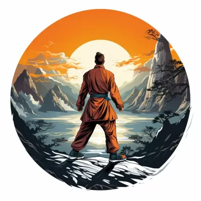 功夫大師場景的8位矢量徽標(biāo)，白底獨立圓形厚線輪廓，細致描繪，橘色和青色調(diào)
