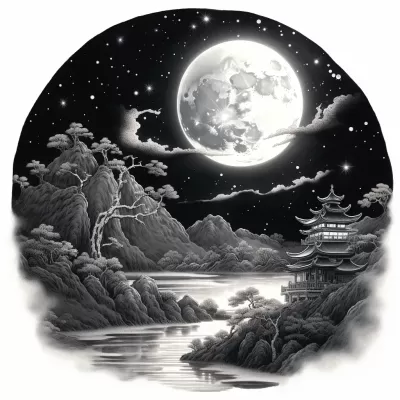 月高星閃，夜幕降臨，日本墨畫，夜景16k，高清絢麗