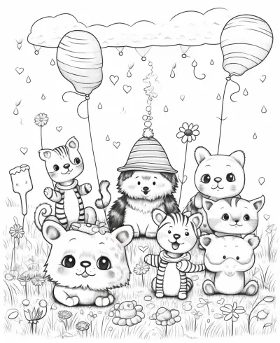 可愛動物的田野野餐，戴上迷你派對帽子，色彩斑斕的氣球飄蕩，歡快可愛，生動活潑的插圖，兒童彩色頁。
