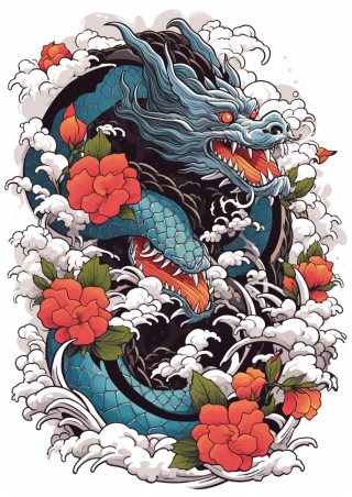 傳統(tǒng)日本刺青紋身設計，全長矢量T恤設計，線條銳利，對比度高，八種顏色，白色背景，8k。