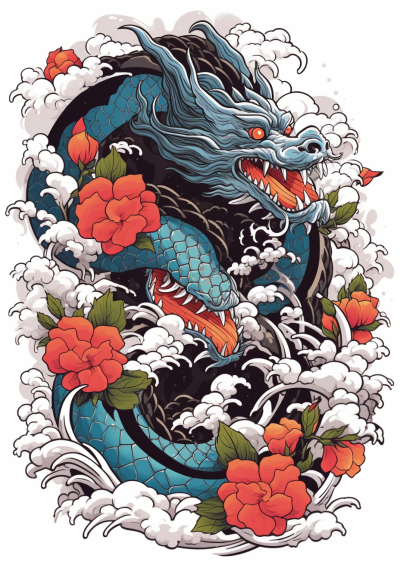 傳統日本刺青紋身設計，全長矢量T恤設計，線條銳利，對比度高，八種顏色，白色背景，8k。