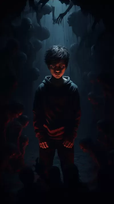 失落的少年在黑暗中，被可怕的惡魔陰影包圍。