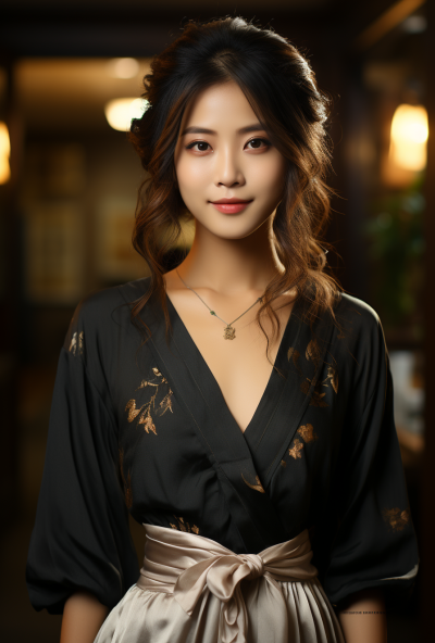 東方之美：微笑傾城，摩特風(fēng)格32K超高清，細(xì)膩真實(shí)，簡(jiǎn)約高雅，工筆畫法，波浪秀發(fā)，表情堅(jiān)定。